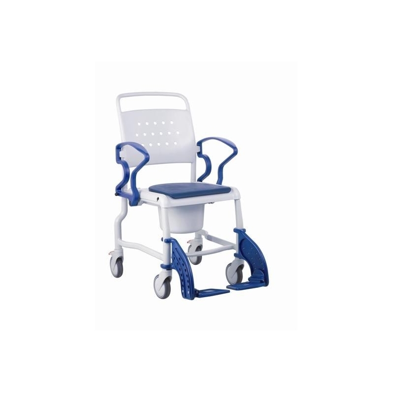 Silla de ducha y de WC móvil con inodoro y reposabrazos abatibles