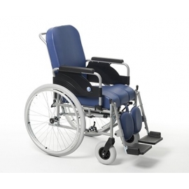 Silla ruedas fija con respaldo anatómico reclinable y asiento con inodoro. Rueda grande de 24"