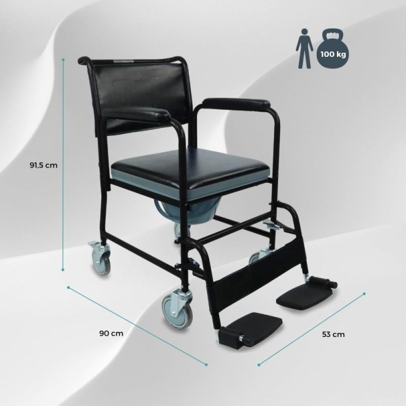 Silla orinal, Con tapa, Reposapiés abatibles, Reposabrazos extraíbles, Ruedas, Negro, Barco