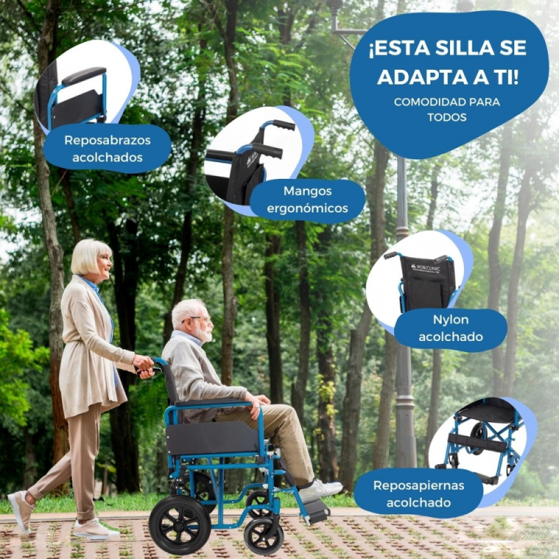 Silla de ruedas plegable, Ruedas traseras pequeñas extraíbles, Ancho 46  cm, Azul, Marsella