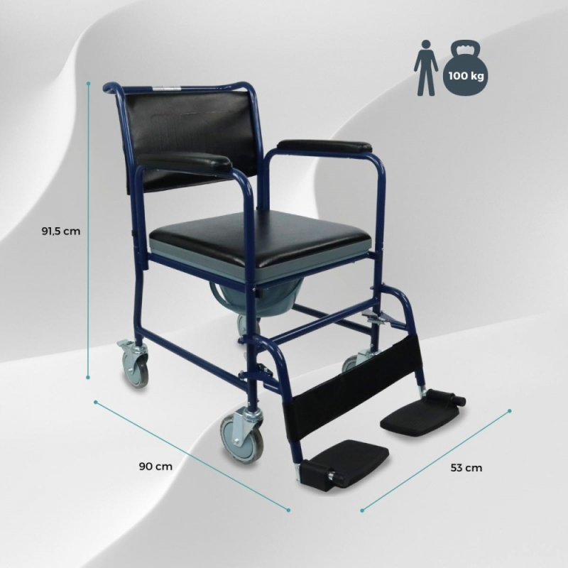 Silla orinal, Con tapa, Reposapiés abatibles, Reposabrazos extraíbles, Ruedas, Azul, Barco