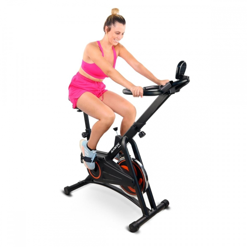 Bicicleta estática, Volante de inercia 10 kg, Ajustable, Con ruedas, Pantalla LCD, Peso máx. 120 kg, Makalu