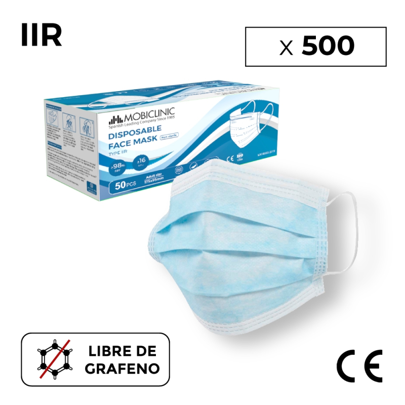 500 Mascarillas Quirúrgicas IIR, 0,10€/ud, Sin grafeno, 3 capas, Desechables, 10 cajas de 50 uds