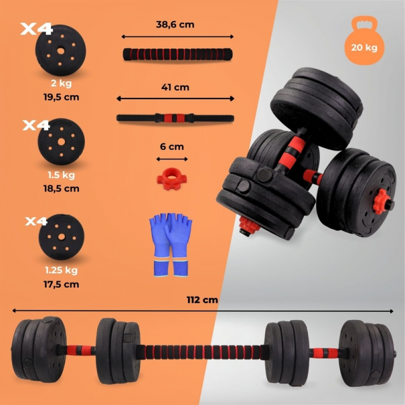 Mancuernas Ajustables 20 kg Total Set 2en1 Fitnics + Barra - Rojo