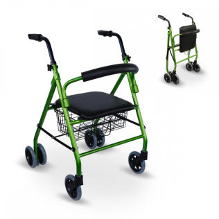 Andador plegable | Asiento y respaldo | Aluminio | Cesta | Para ancianos | Verde | Prado | Mobiclinic