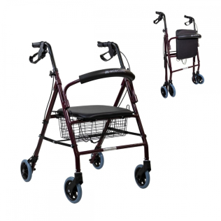 Andador | Plegable | Aluminio | Frenos en manetas | Asiento y respaldo | 4 ruedas | Burdeos | Escorial | Mobiclinic