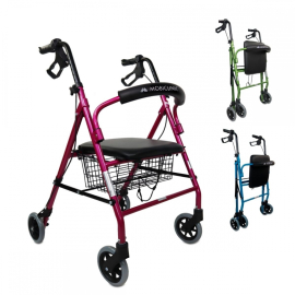 Andador | Plegable | Aluminio | Frenos en manetas | Asiento y respaldo | 4 ruedas | Rosa | Escorial | Mobiclinic