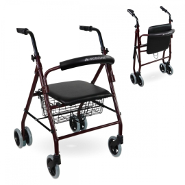 Andador plegable | Asiento y respaldo | Aluminio | Cesta | Para ancianos | Burdeos | Prado | Mobiclinic