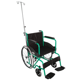 Rollstuhl mit Anti-Falt-System | 40cm | Zylinder und Tropferhalterung | Feste Armlehnen und Fußstützen | Grün
