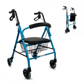 Rollator | Klappbar | Aluminium | Bremsen an Griffen | Sitz und Rückenlehne | 4 Räder | Blau | Modell: Escorial | Mobiclinic