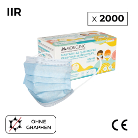 2000 Chirurgische Kindermasken Typ IIR (oder Erwachsenengröße XS) | 0,04€/ud | Ohne Graphen | 40 Packungen-50 Stück | Mobiclinic