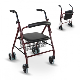Klappbarer Rollator | Sitz und Rückenlehne | Aluminium | Korb | Für ältere Menschen | Bordeaux | Modell: Prado | Mobiclinic