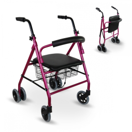 Klappbarer Rollator | inkl. Sitz und Rückenlehne | Aluminium | Korb | für Senioren | Rosa | Modell: Prado | Mobiclinic