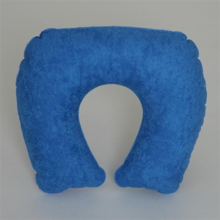 Aufblasbares Nacken-Reisekissen aus blauen Frottierstoff mit OX Tasche Aufblasbares Nacken-Reisekissen aus blauen Frottierstoff mit OX Tasche