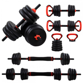 Paar 20 kg Hanteln | Verstellbar | 4 in 1 | Kettlebell-Aufsatz | Verbindungsstange | Tragbar | Mobimax | Mobiclinic