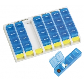 Pilulier semainier | 4 prises quotidiennes | Organisateur de médicaments | Couleur bleu