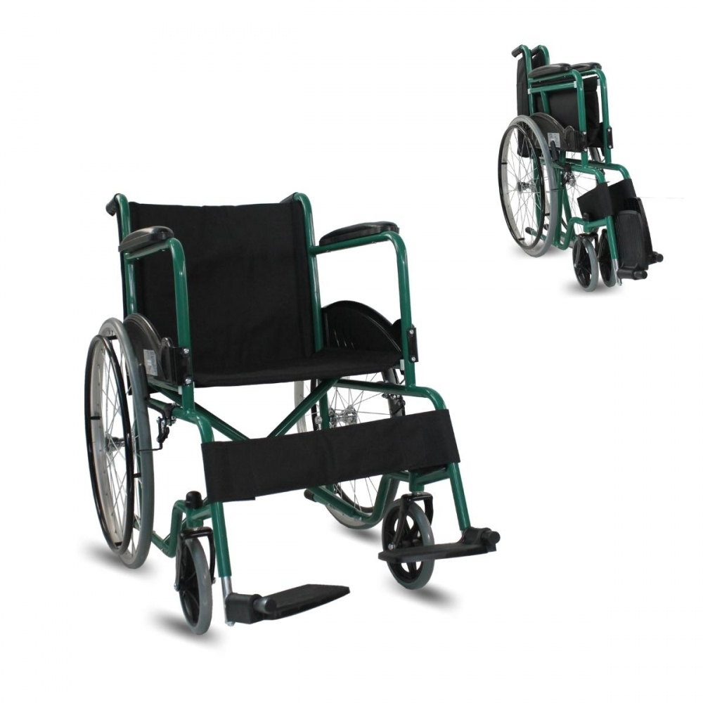 Fauteuil roulant, pliable, grande roue, résistant, accoudoirs et repose-pieds fixes, vert, alcazaba, mobiclinic