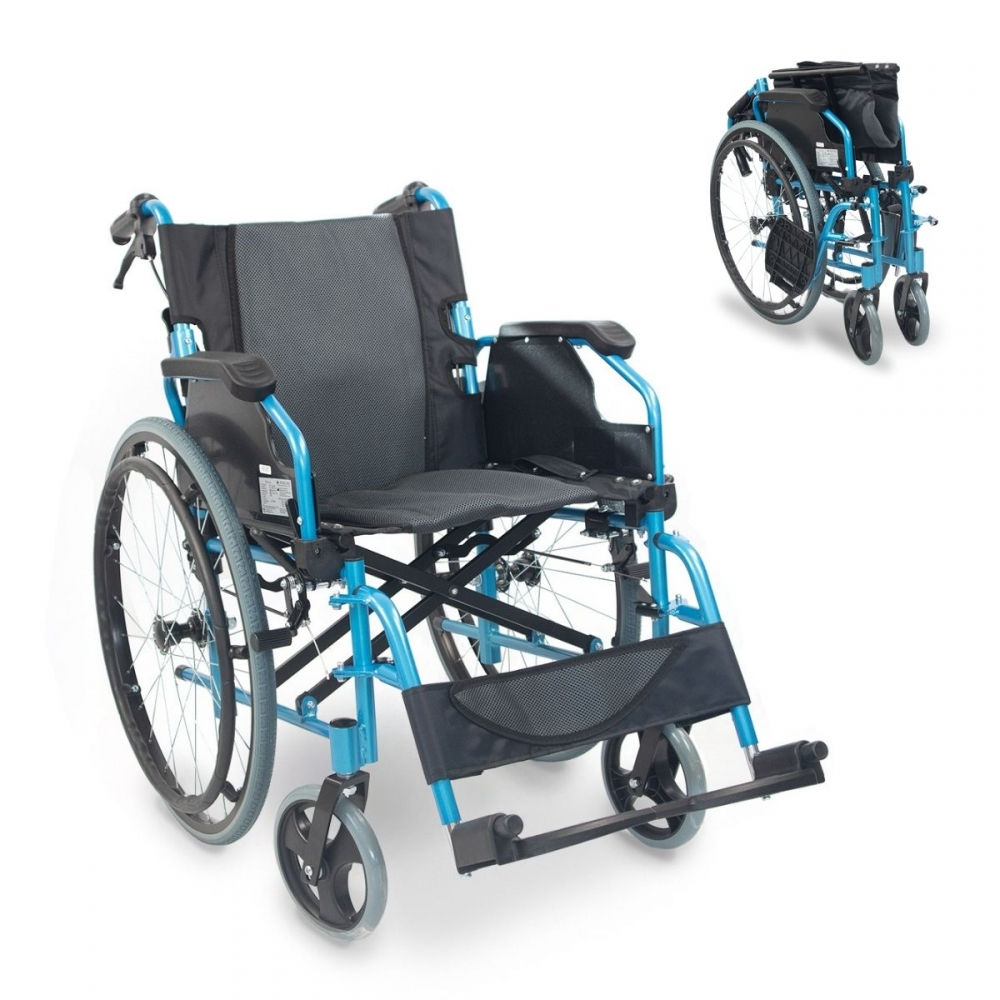 Fauteuil roulant pliant, aluminium, dossier divisible, accoudoirs rabattables, bleu, bolonia, mobiclinic