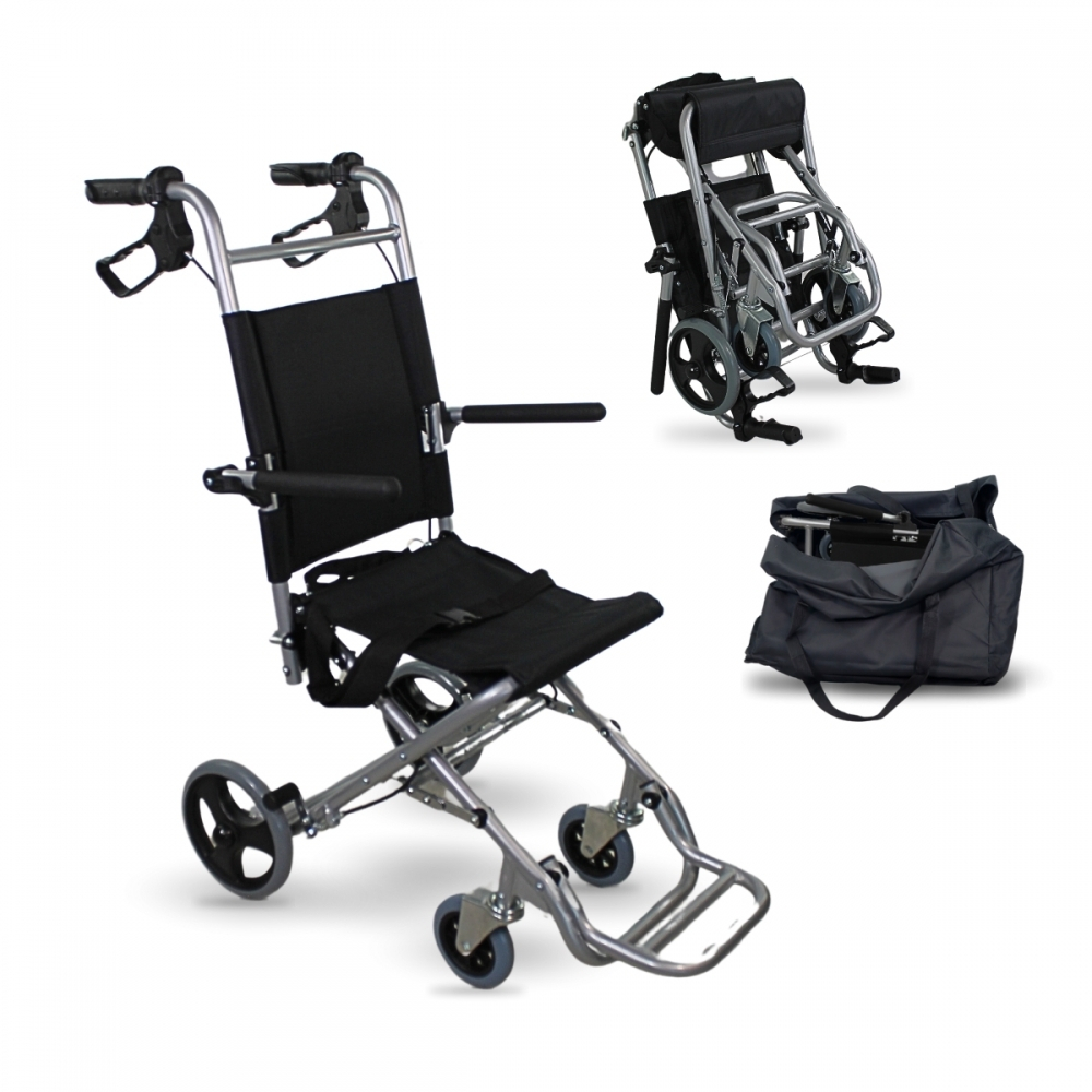 Fauteuil roulant de transit, pliable, aluminium, petites roues, freins sur poignées, noir, neptuno, mobiclinic