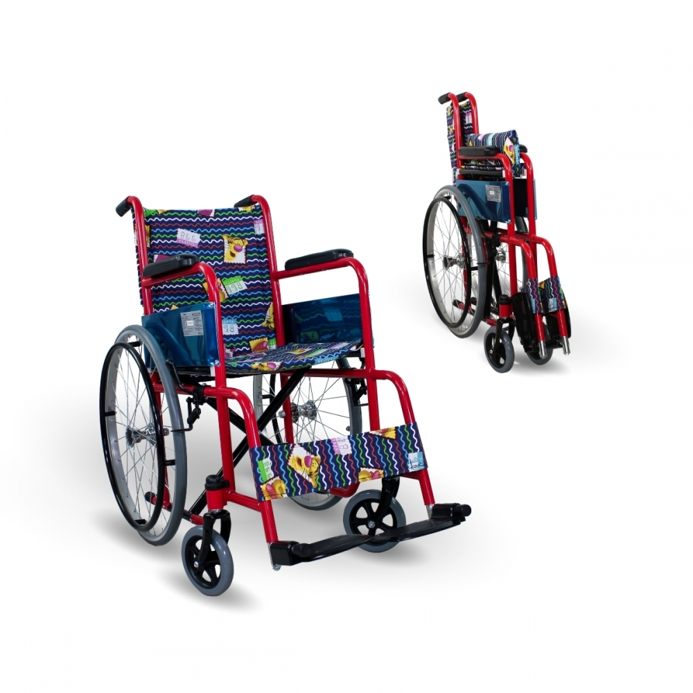Fauteuil roulant pour enfants, pliable, grandes roues, repose-pieds, rouge avec imprimés, théâtre, mobiclinic