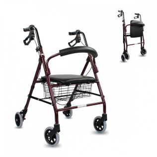 Rollator | Faltbar | Aluminium | Bremsen an den Griffen | Sitz und Rückenlehne | 4 Räder | Bordeaux | Escorial | Mobiclinic