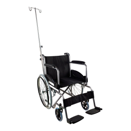 Rollstuhl mit Anti-Falt-System | 40cm | Zylinder und Tropferhalterung | Feste Armlehnen und Fußstützen | Schwarz