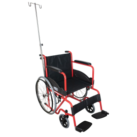 Rollstuhl mit Anti-Falt-System | 40cm | Zylinder und Tropferhalterung | Feste Armlehnen und Fußstützen | Rot