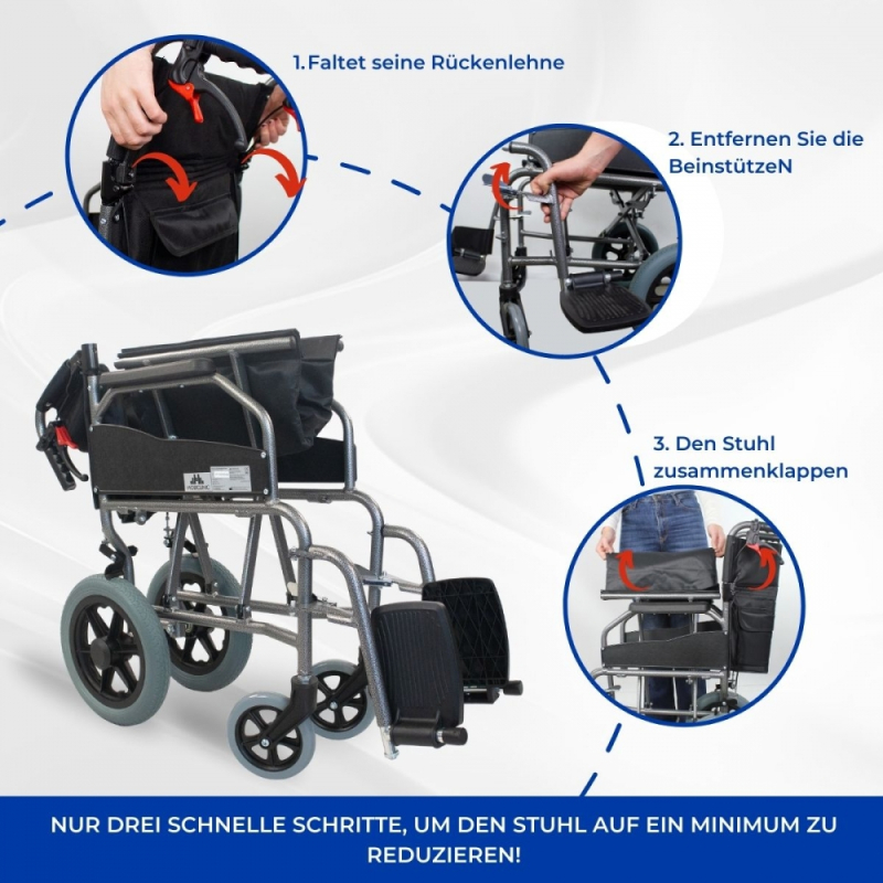 Rollstuhl, Aluminium, Kleine Räder, Abnehmbare Fußstützen und klappbare  Rückenlehne, Museo, Deluxe