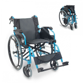 Rollstuhl | Aluminium | Faltbar | Geteilte Rückenlehne | Umklappbare Armlehnen| Blau | Modell Bolonia | Mobiclinic