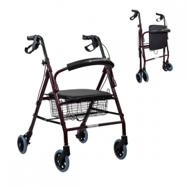 Rollator | Faltbar | Aluminium | Bremsen an den Griffen | Sitz und Rückenlehne | 4 Räder | Bordeaux | Escorial | Mobiclinic