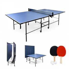 Tischtennisplatte | Faltbar | Professionelles Design | 360º-Räder | Netz, Schläger und Bälle | Tokyo | Blau | Mobiclinic