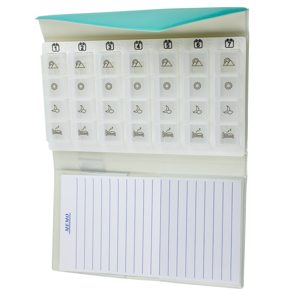 Pilulier hebdomadaire 4 prises, avec portefeuille et bloc-notes, mobiclinic