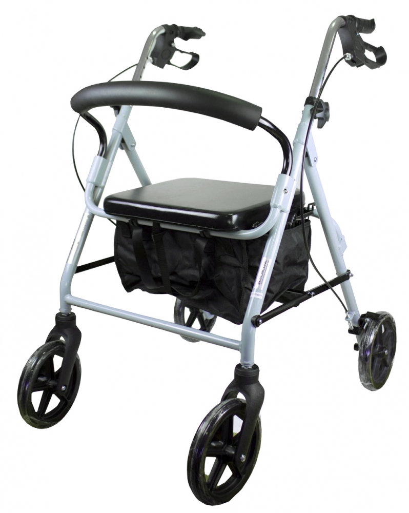 Déambulateur avec roues, pliable, aluminium, freins aux poignées, avec dossier et siège, gris, sofía, mobiclinic