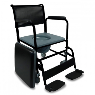 Chaise percée avec roues et couvercle | Repose-pieds rabattables | Accoudoirs amovibles | Noire | Barco | Mobiclinic