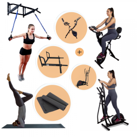 Mini pack gym à domicile | Tapis de yoga | Barre de traction pour le mur | Vélo d'appartement | Elliptique | Mobiclinic