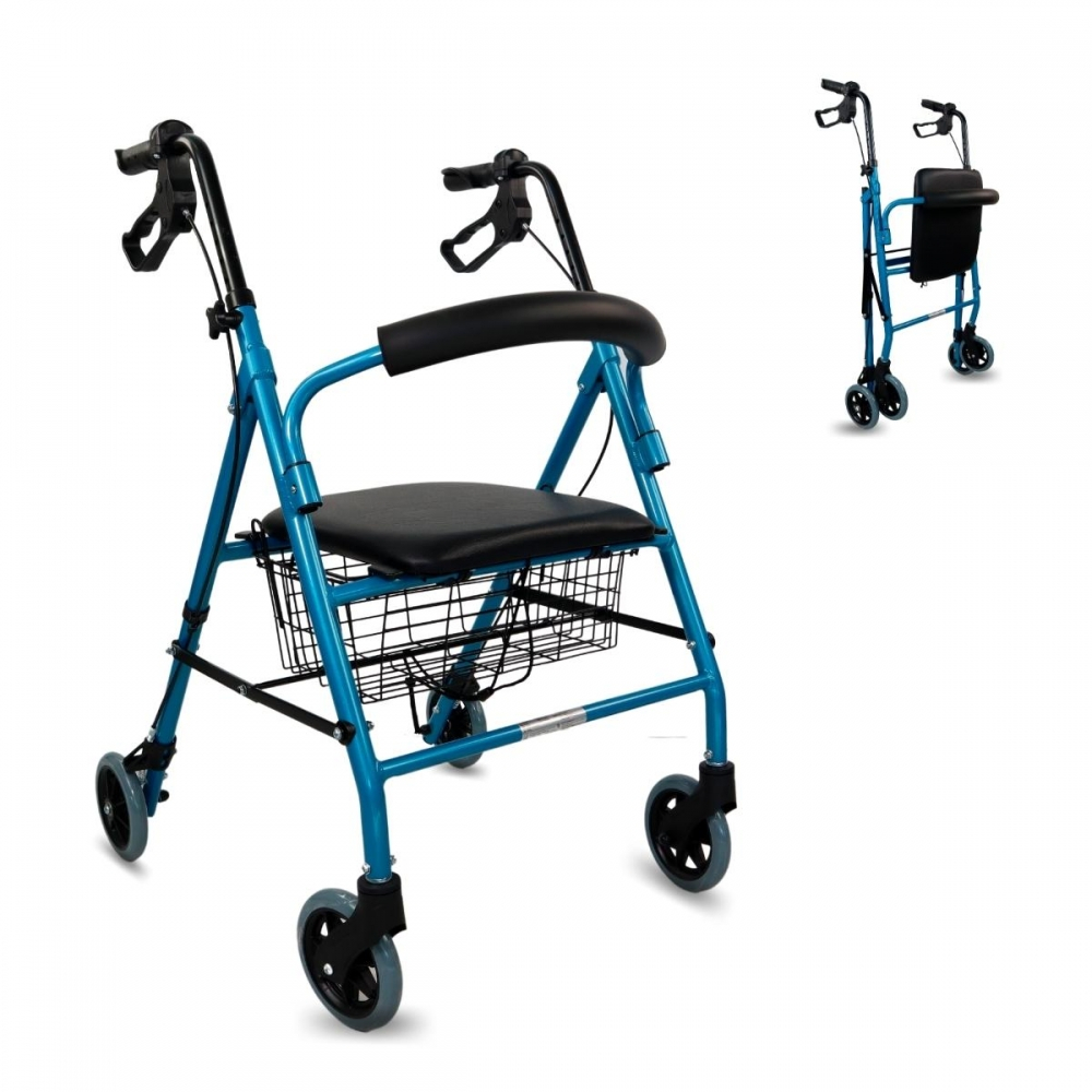 Déambulateur, pliable, aluminium, freins sur les poignées, siège et dossier, 4 roues, bleu, escorial, mobiclinic