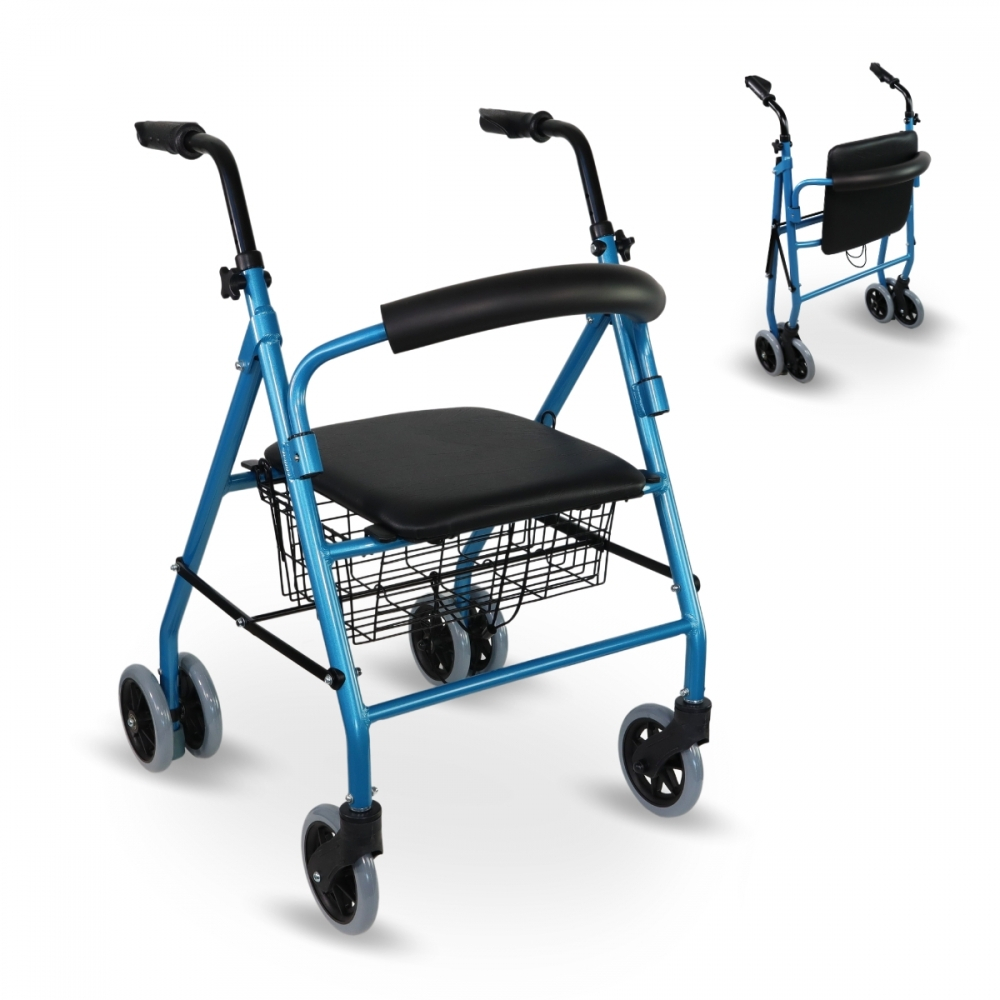 Déambulateur pliant, siège et dossier, aluminium, panier, pour personnes âgées, bleu, prado, mobiclinic