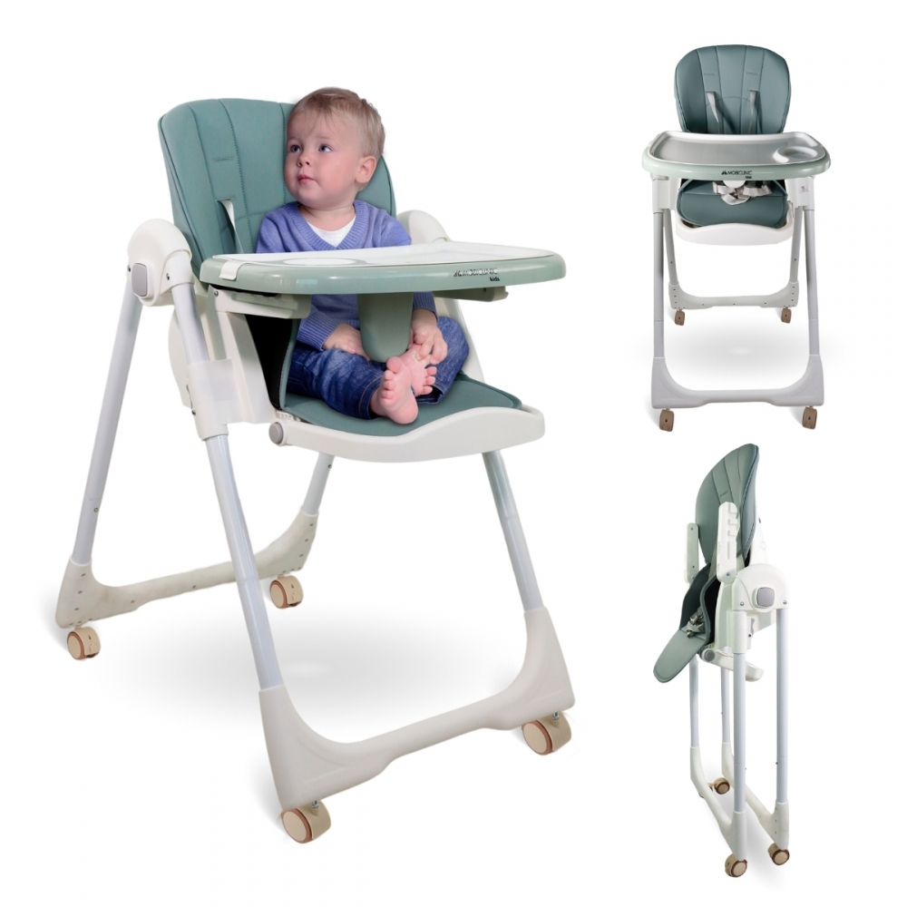 Chaise haute à roulettes, réglable en hauteur, pliable, plateau amovible, harnais de sécurité, vert, simba, mobiclinic