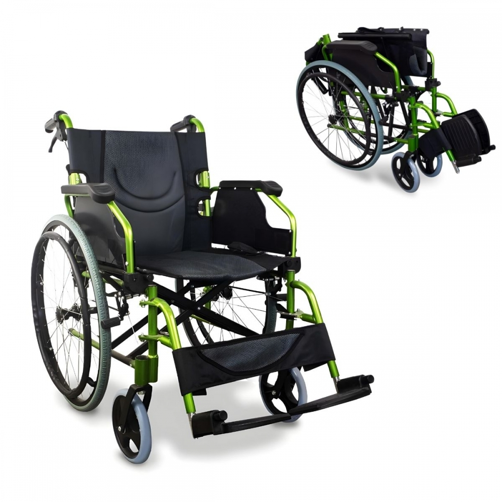 Fauteuil roulant pliable, aluminium, dossier divisé, accoudoirs pliants, vert, bolonia, mobiclinic