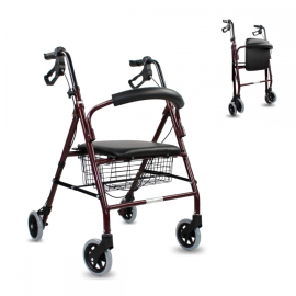 Girello per anziani | Pieghevole| Alluminio| Freni | Seduta e schienale | 4 ruote | Bordeaux | Escorial | Mobiclinic