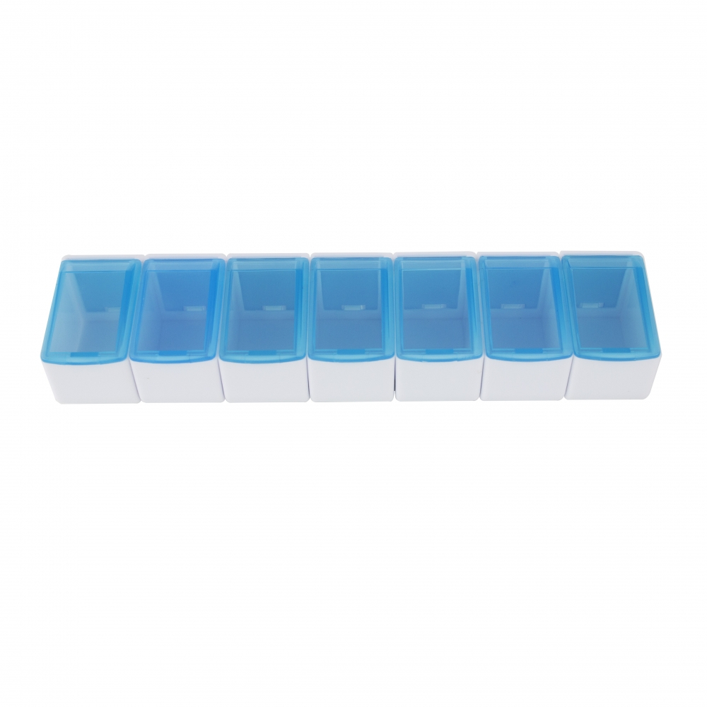 Portapillole settimanale, 1 dosaggio quotidiano, scomparti estraibili, plastica, bianco e blu