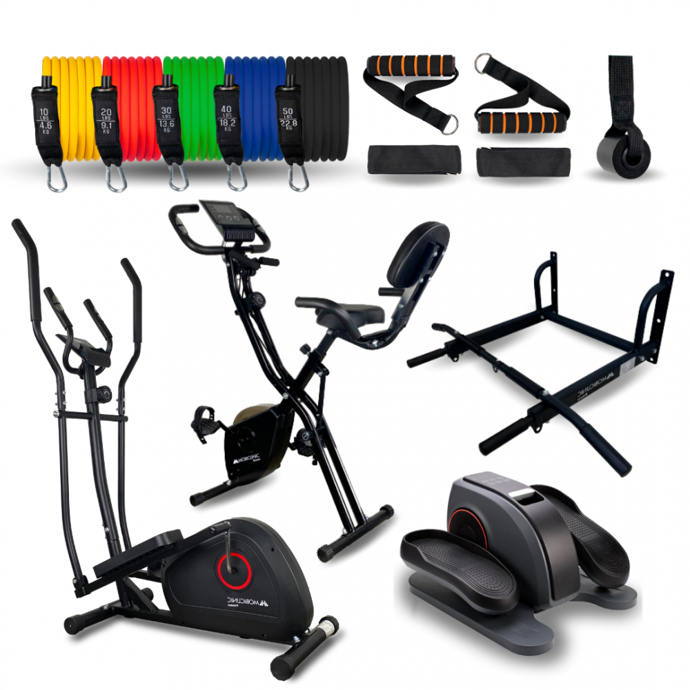Home gym fitness pack, tubi elastici, pedaliera, barre di sollevamento, cyclette, trainer ellittico, mobiclinic