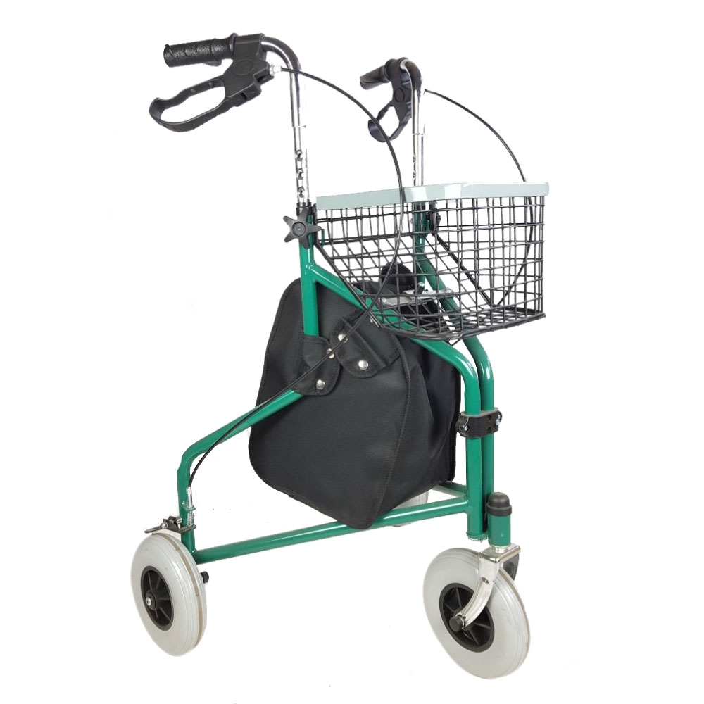 Deambulatore, 3 ruote, pieghevole, cestino e borsa, verde, caleta, mobiclinic
