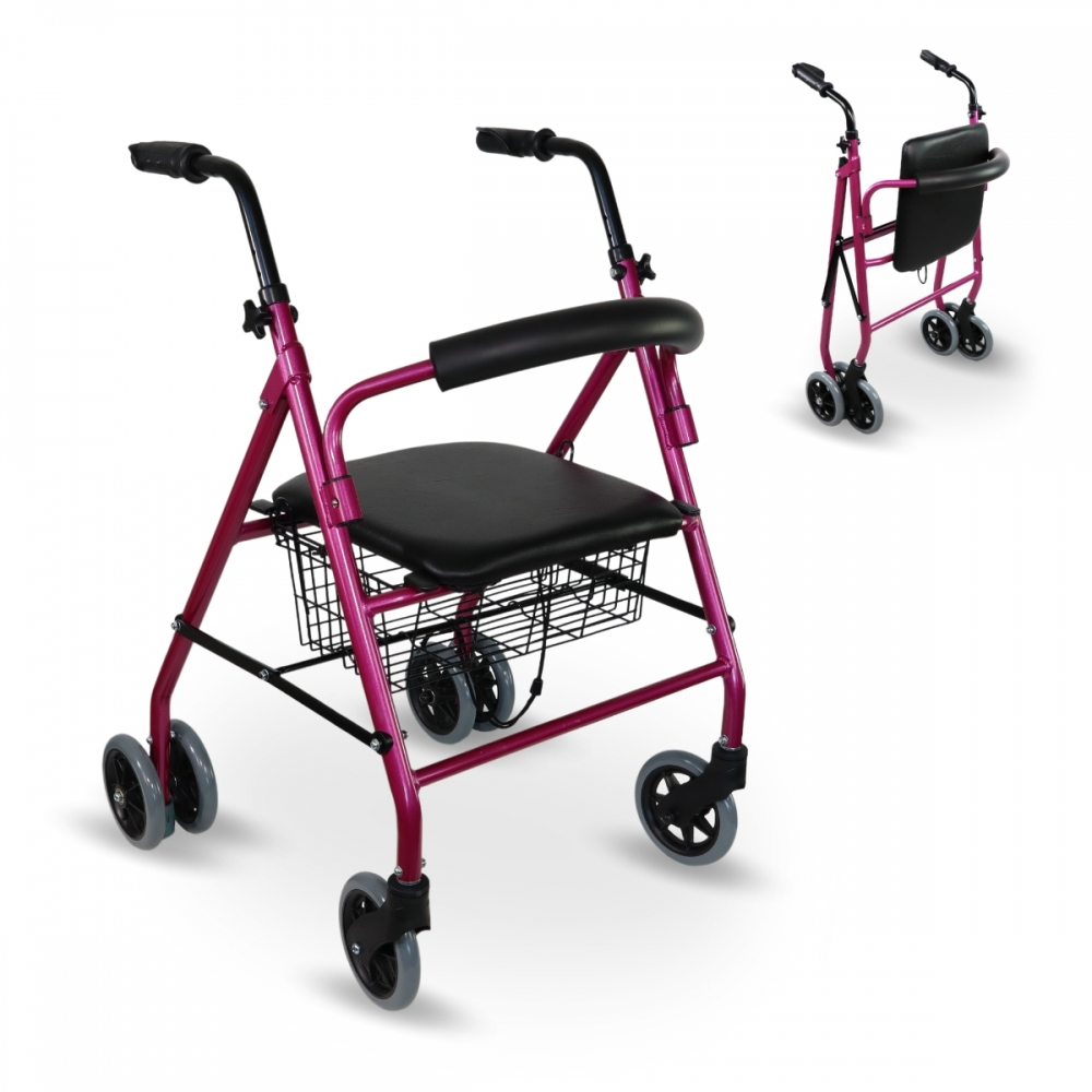Deambulatore pieghevole, seduta e schienale, alluminio, cesto, per anziani, rosa, prado, mobiclinic