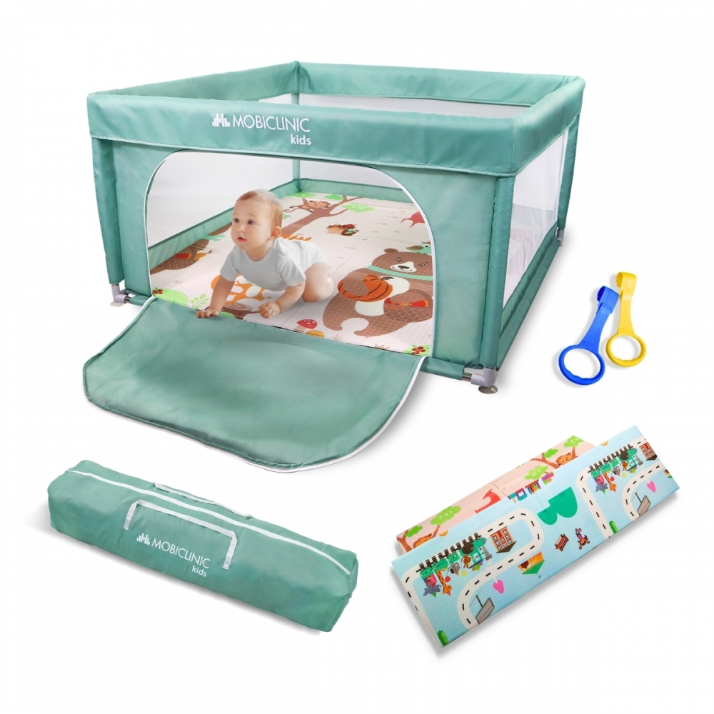 Box con tappeto, neonati e bambini, 125x125x67cm, pieghevole, borsa per il trasporto, verde, happyland, mobiclinic