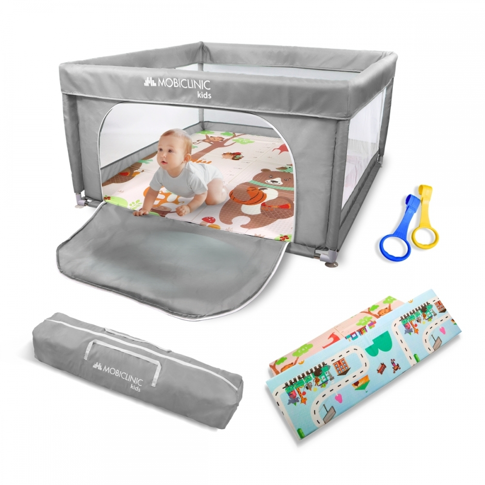 Box con tappeto, neonati e bambini, 125x125x67cm, pieghevole, borsa per il trasporto, grigio, happyland, mobiclinic