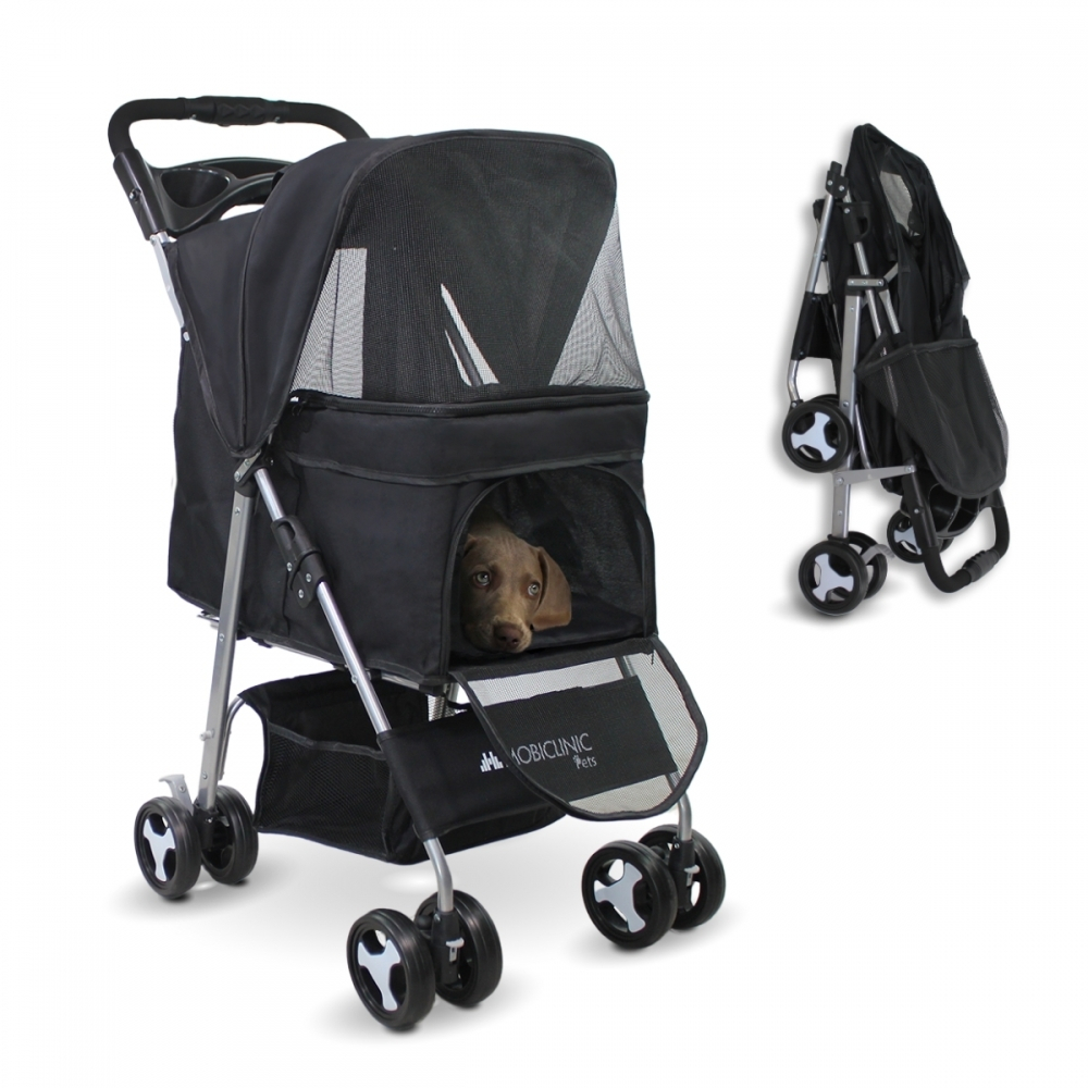 Passeggino per cani|pieghevole, ruote freno e 360º|3 accessi, tendalino, cestello xxl e portabicchiere, nero, zuma, mobiclinic