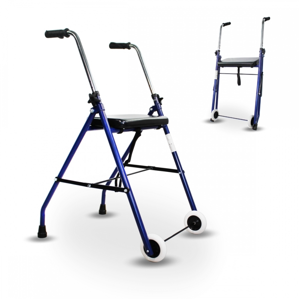 Deambulatore per anziani, pieghevole, sedile, 2 ruote, blu, merida, clinicalfy