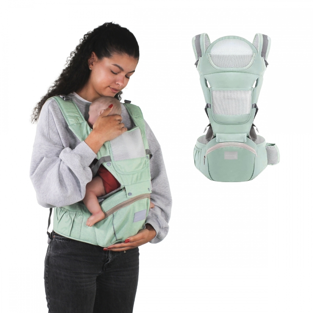 Marsupio 6 in 1, traspirante, 0-36 mesi, spalline regolabili, cotone, tasca, verde, moley, mobiclinic