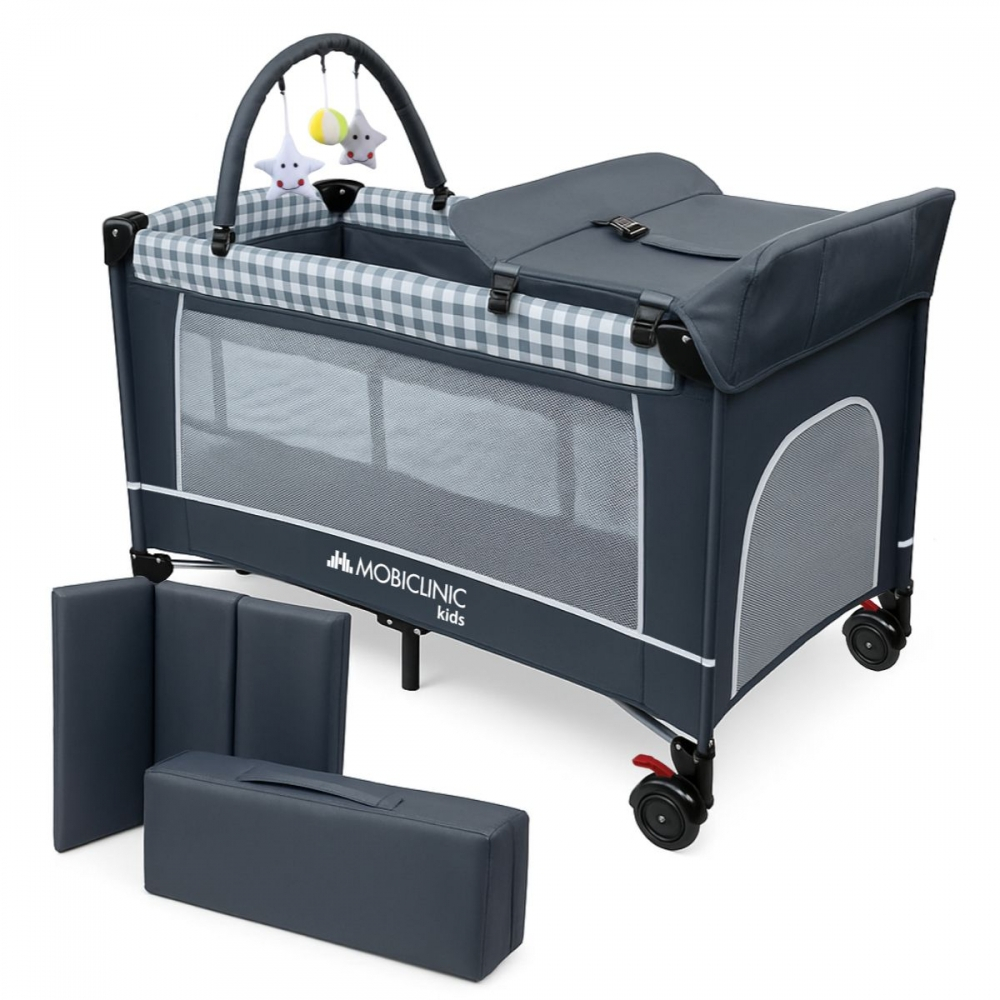 Lettino da viaggio 3 in 1, fasciatoio, box, portatile, pieghevole, borsa per il trasporto, grigio, caelum, mobiclinic